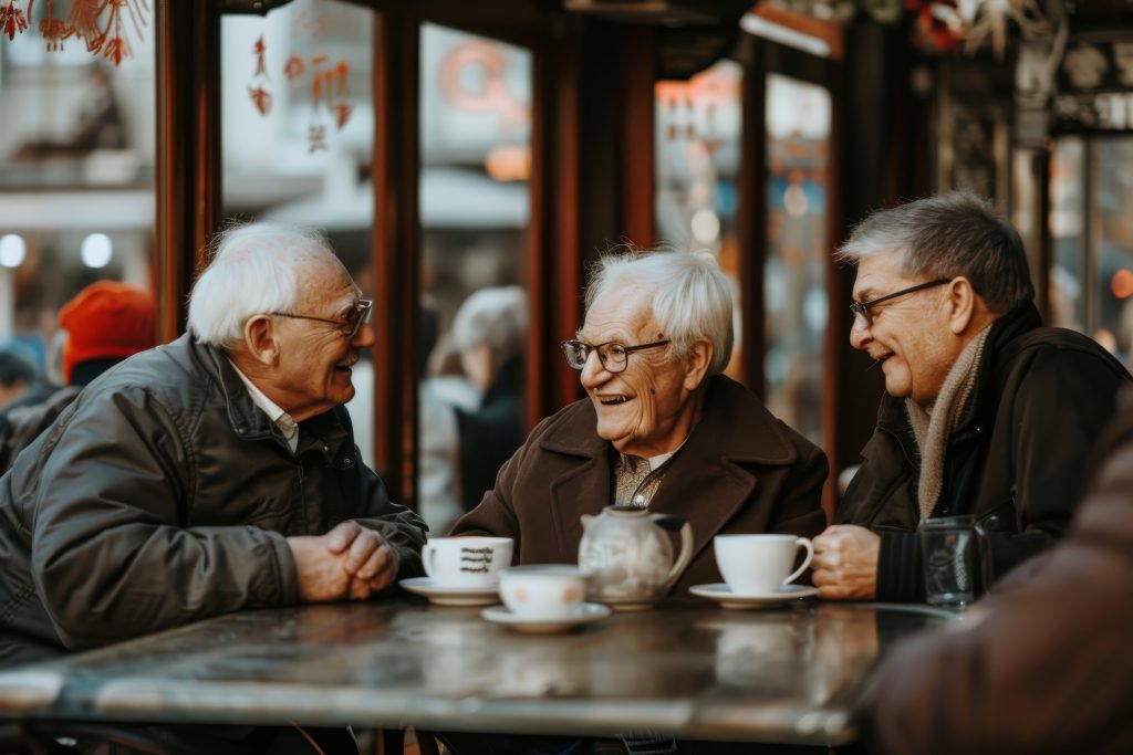 A socialização também é uma excelente maneira de estimular o cérebro. Na imagem, idosos conversando e rindo em uma mesa de café.