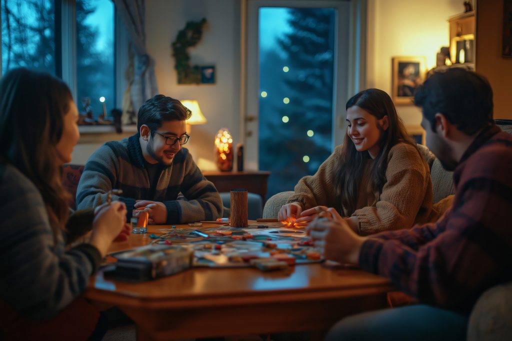 Amigos reunidos jogando um jogo de tabuleiro. Jogos são excelentes para estimular o cérebro.