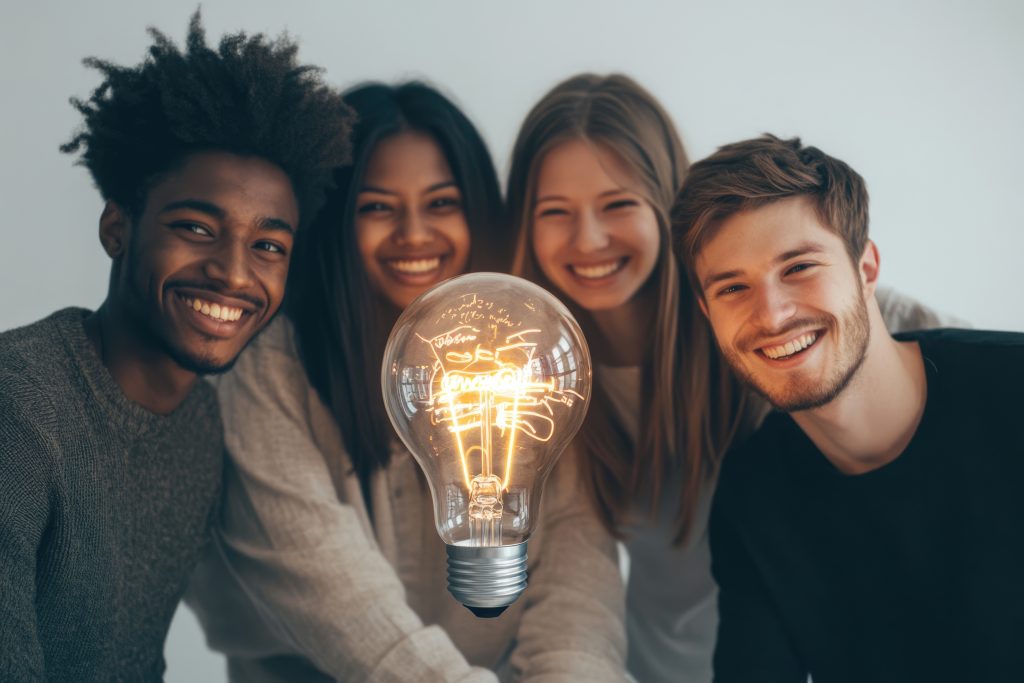 2 homens e 2 mulheres olhando para uma lâmpada, que nesta imagem pode representar a estimulação cognitiva acontecendo. Estimular o cérebro é fundamental nas diferentes fases da vida.