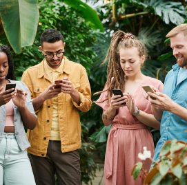 Grupo de jovens usando o celular em meio à natureza