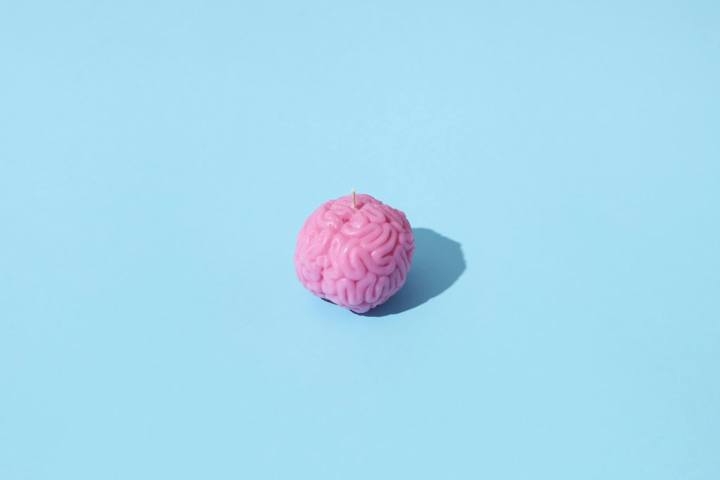 Imagem de um pequeno cérebro cor de rosa em um fundo azul claro